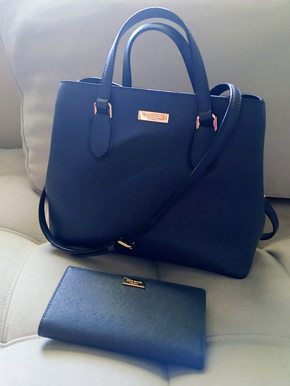 Kate Spade Leather Satchel Handbag in Navy Blue with Matching Wallet